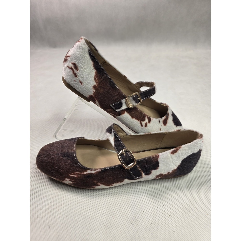 Chase + Chloe Meli-3 Cow Print Faux Calf Hair Mary Jane Flats Brown White Size 9